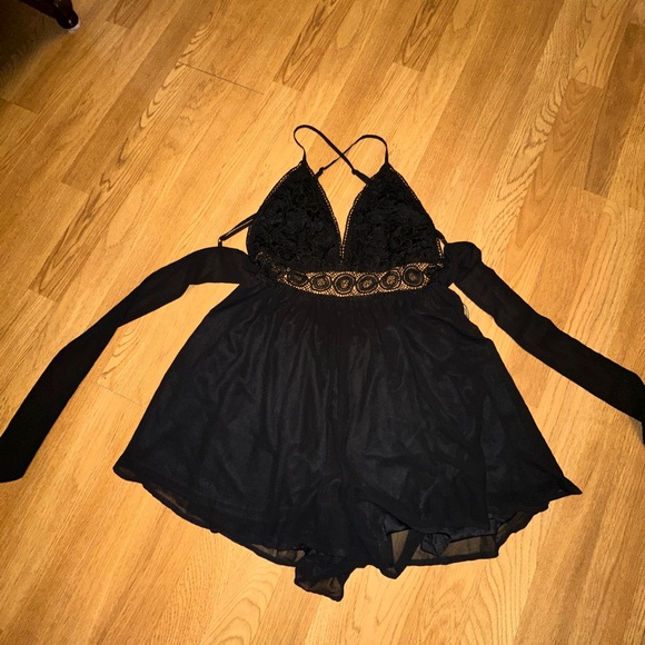 Miss Avenue Pants - Miss Avenue Black Lace Chemise with Ornate Waistband Romper Skort